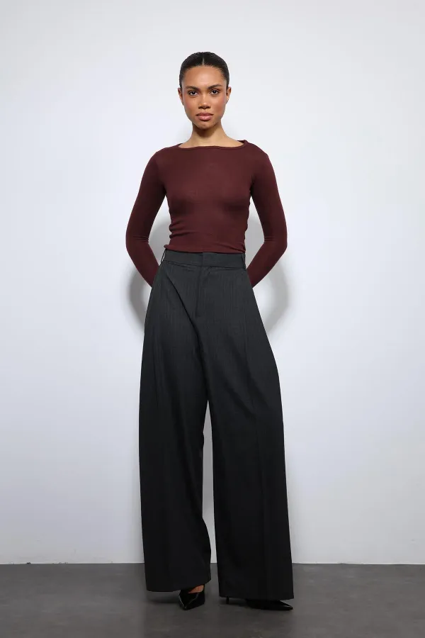 Antioch Füme Çizgili Geniş Paça Pantolon