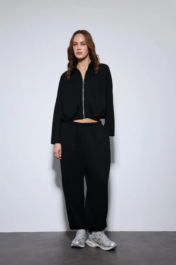 Antioch Siyah Volümlü Ceket Ve Paça Lastikli Eşofman Takım
