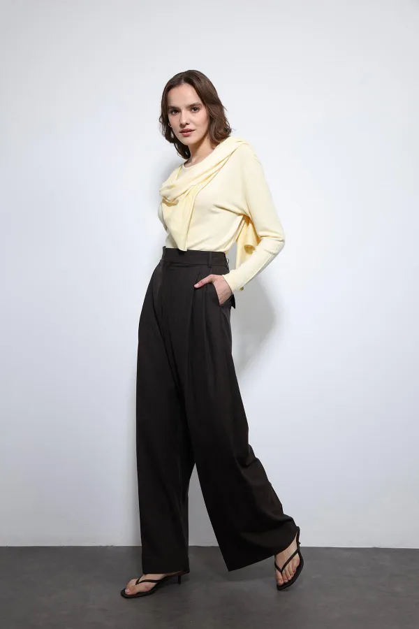 Antioch Kahve Çizgili Geniş Paça Pantolon