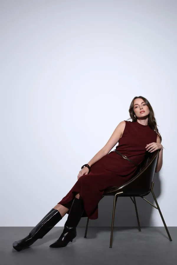 Antioch Burgundy Women's Midi Dress with Belt Detail