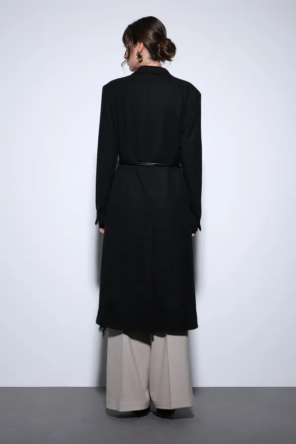 Antioch Siyah Kemerli Kruvaze Kadın Kaban