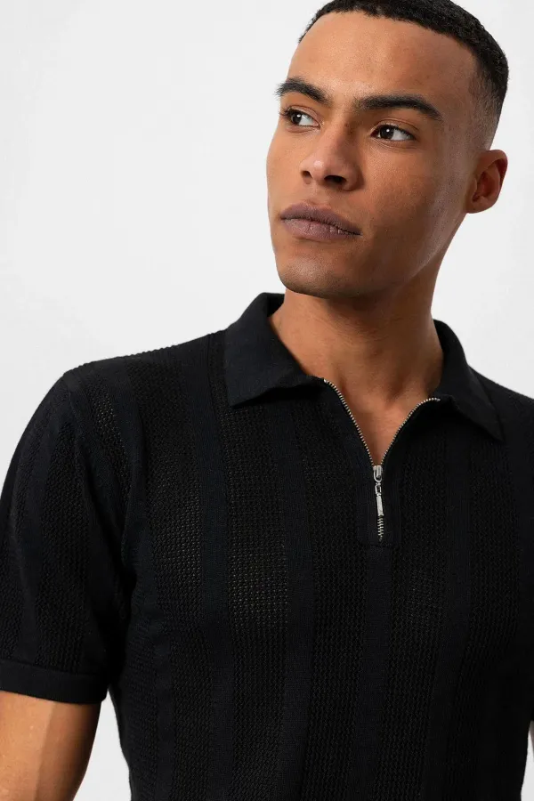 Antioch Black Polo Collar Zip-Up Knitted Men's T-Shirt