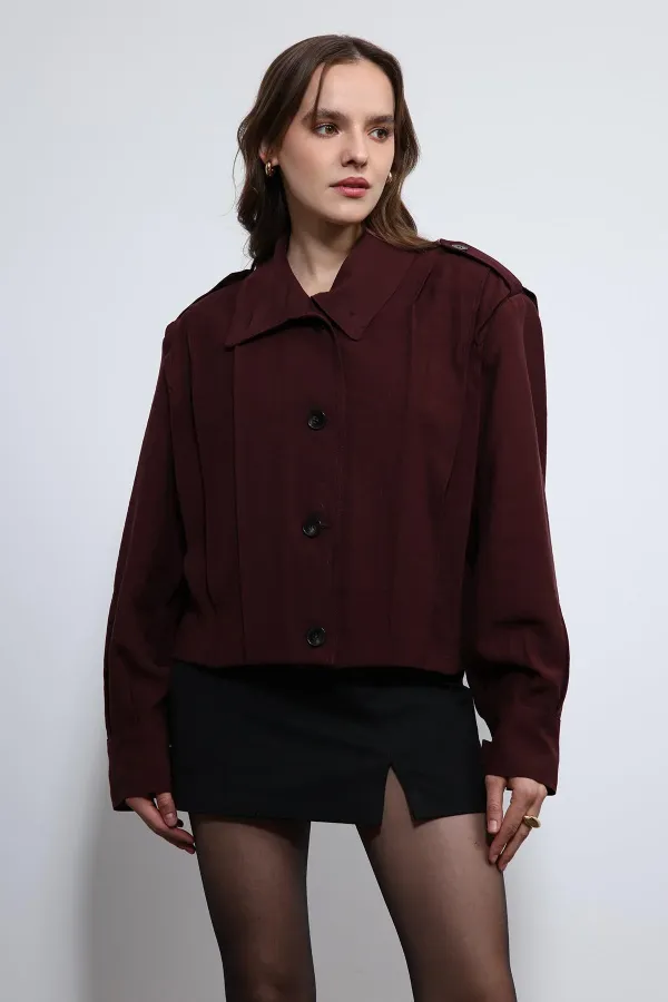Antioch Burgundy Pleated Detail Stand Collar Coat