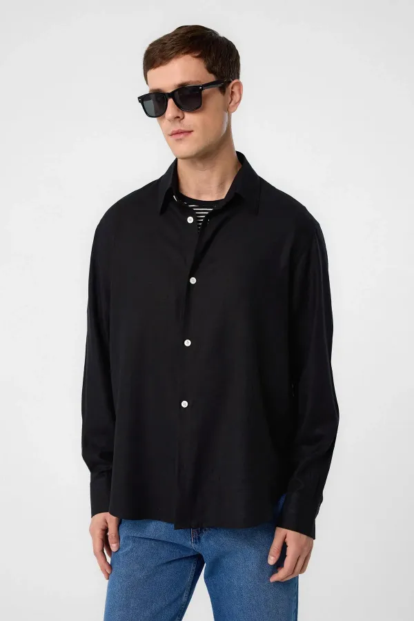 Antioch Black Relax Fit Linen Blend Men's Shirt