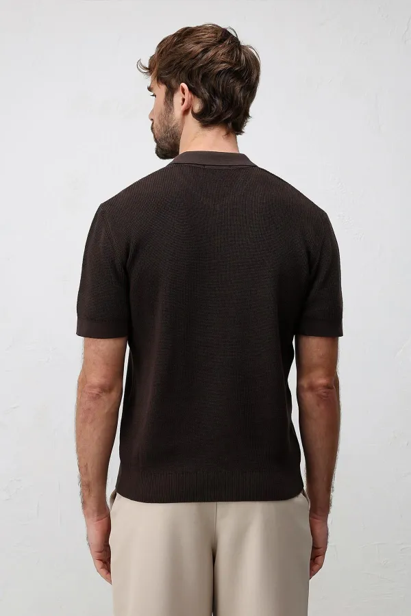 Antioch Kahve Comfort Slim Fermuarlı Erkek Triko T-Shirt