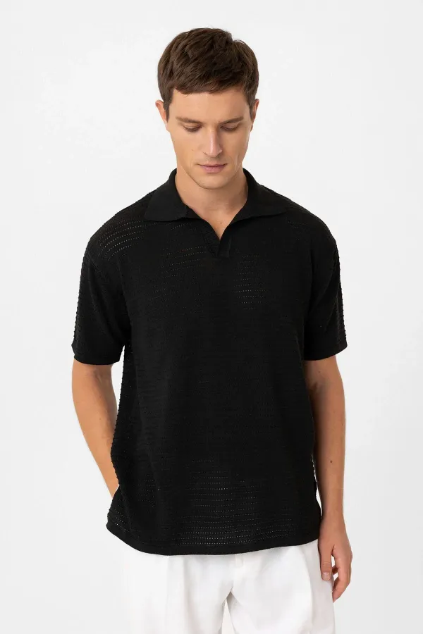 Antioch Black Polo Collar Textured Men's Knit T-Shirt