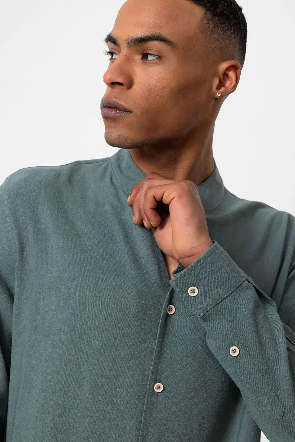 Antioch Khaki Mandarin Collar Long-Sleeved Men's Shirt