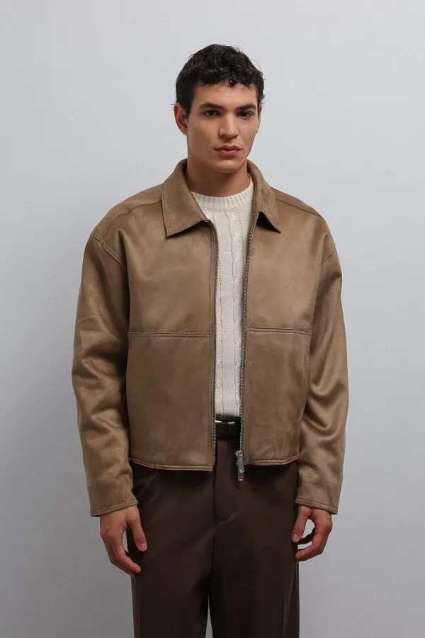 Antioch Bej Fermuarlı Suni Süet Erkek Mont