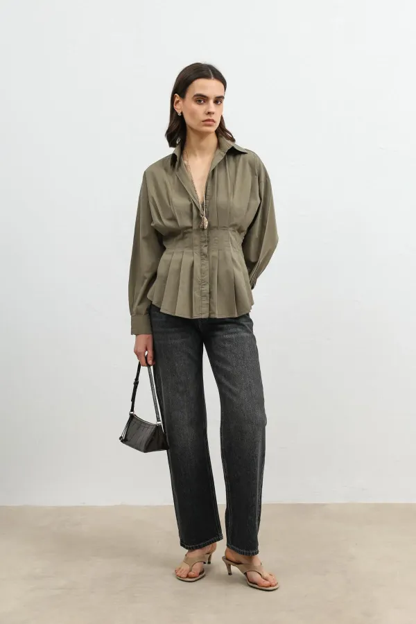 Antioch Haki Pilili Poplin Kadın Gömlek