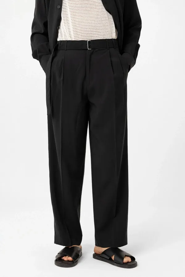 Antioch Black Modal Fabric Relax Fit Belted Men's Trousers