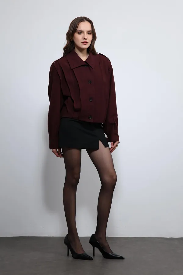 Antioch Burgundy Pleated Detail Stand Collar Coat