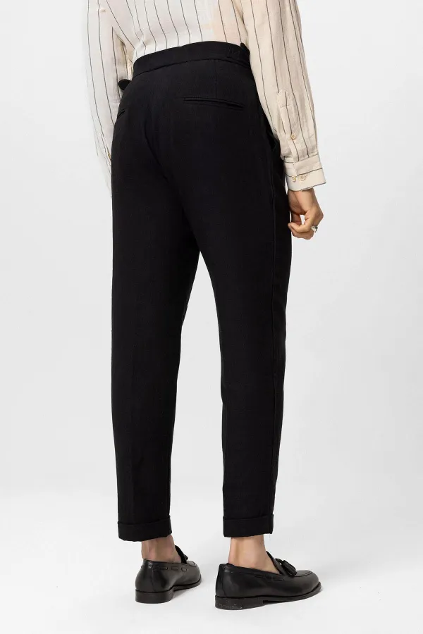 Pantalon homme Antioch noir taille haute en lin mélangé à double ourlet