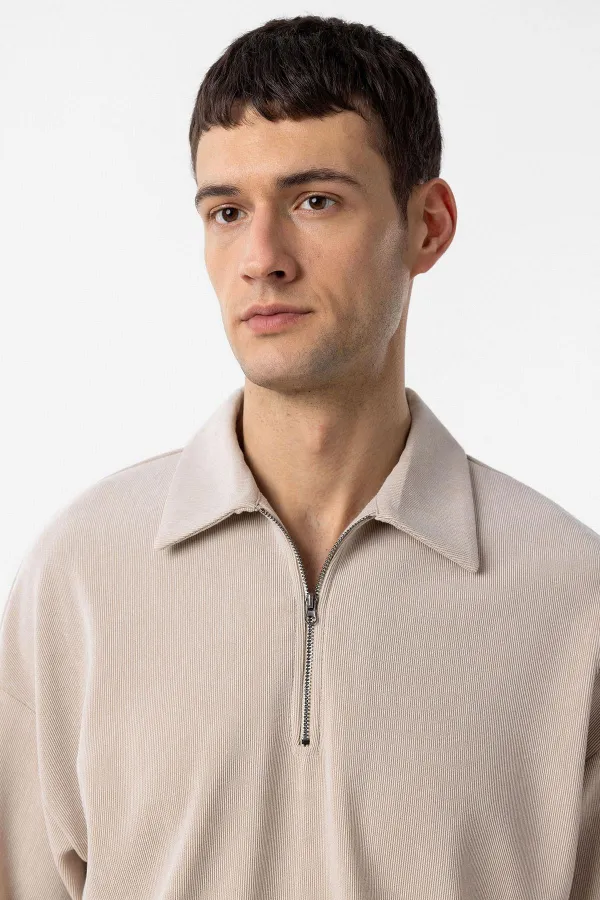 Antioch Bej Relax Fit Fermuarlı Polo Yaka Erkek T-Shirt