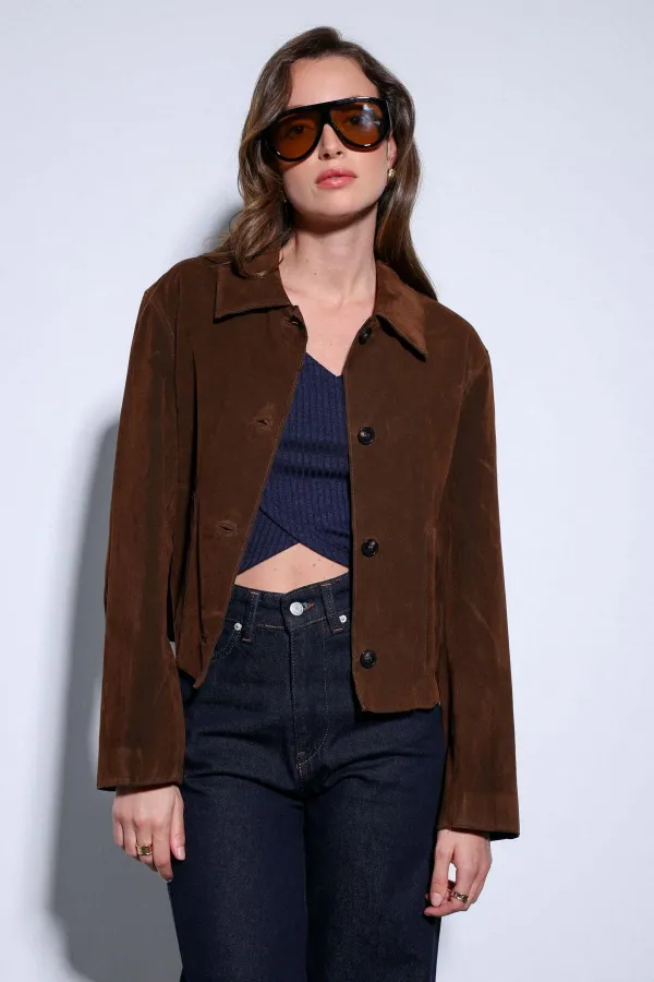 Veste Antioch Coffee en daim pour femme avec poches latérales