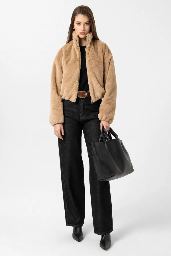 Antioch Beige Women's Faux Fur Coat with Elastic Waistband