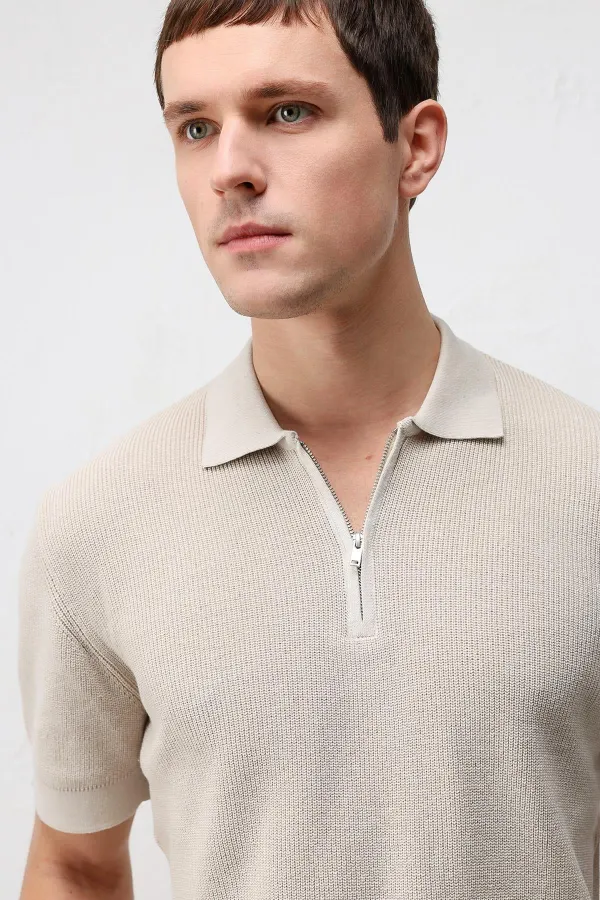 Antioch Taş Comfort Slim Fermuarlı Erkek Triko T-Shirt