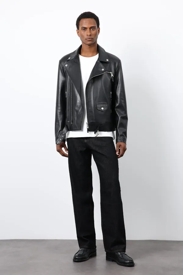 Antioch Siyah 100% Deri Biker Ceket