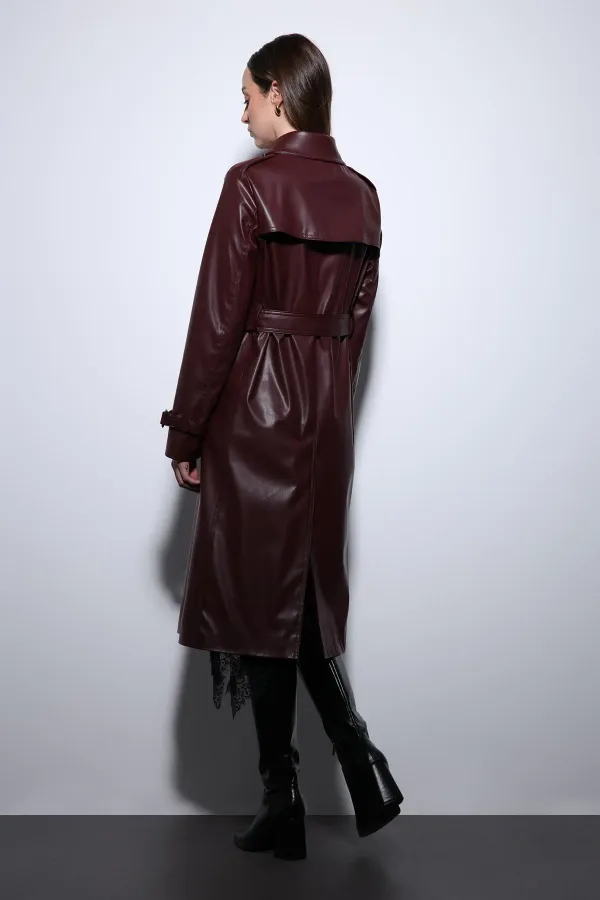 Trench-coat ceinturé en similicuir bordeaux pour femme, style Antioch