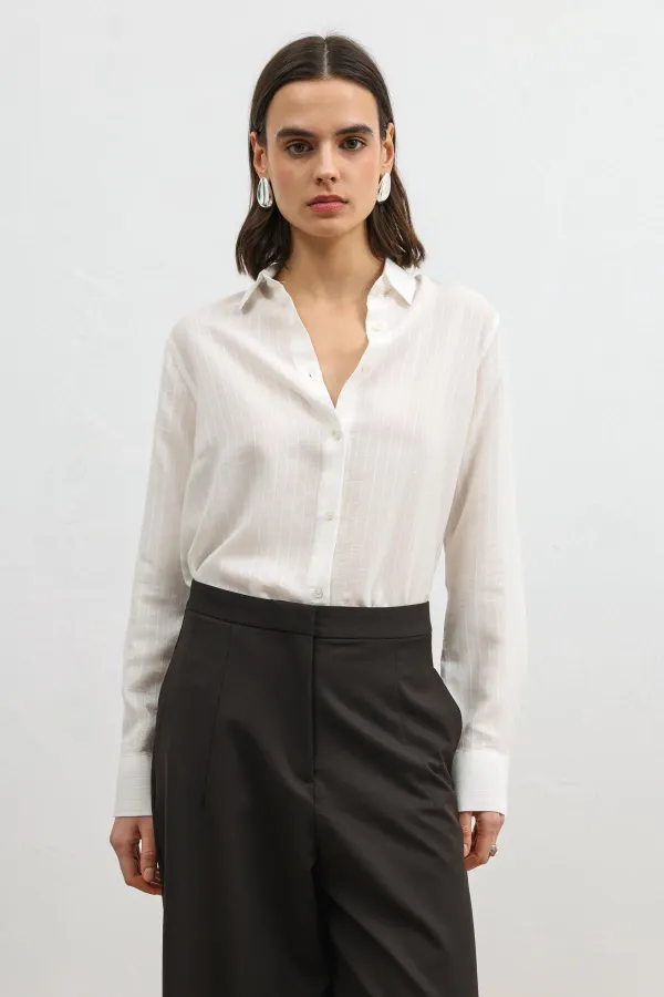 Antioch Ecru 100% Lyocell Striped Women's Shirt with Handkerchief