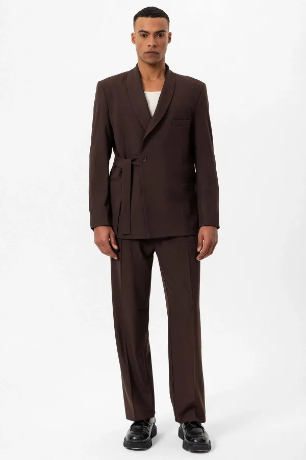 Antioch Kahve Kruvaze Kapama Kuşaklı Erkek Blazer Ceket