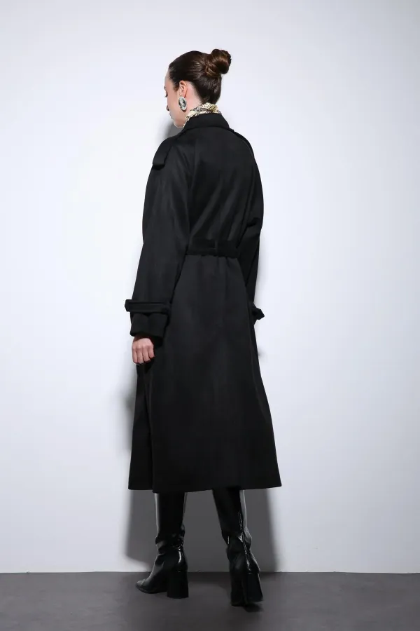 Antioch Black Double-Breasted Suede-Look Premium Women's Trench Coat