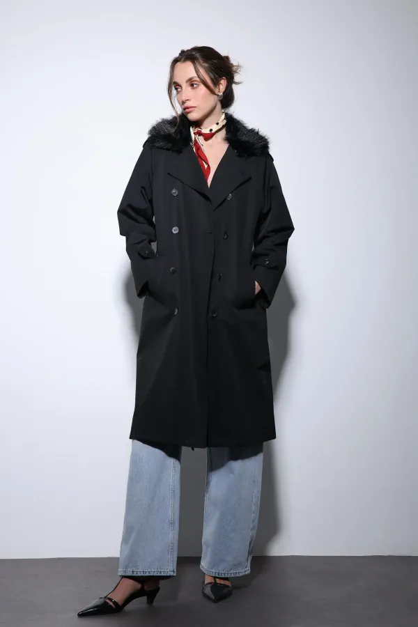 Trench-coat Antioch noir à col en fausse fourrure pour femme