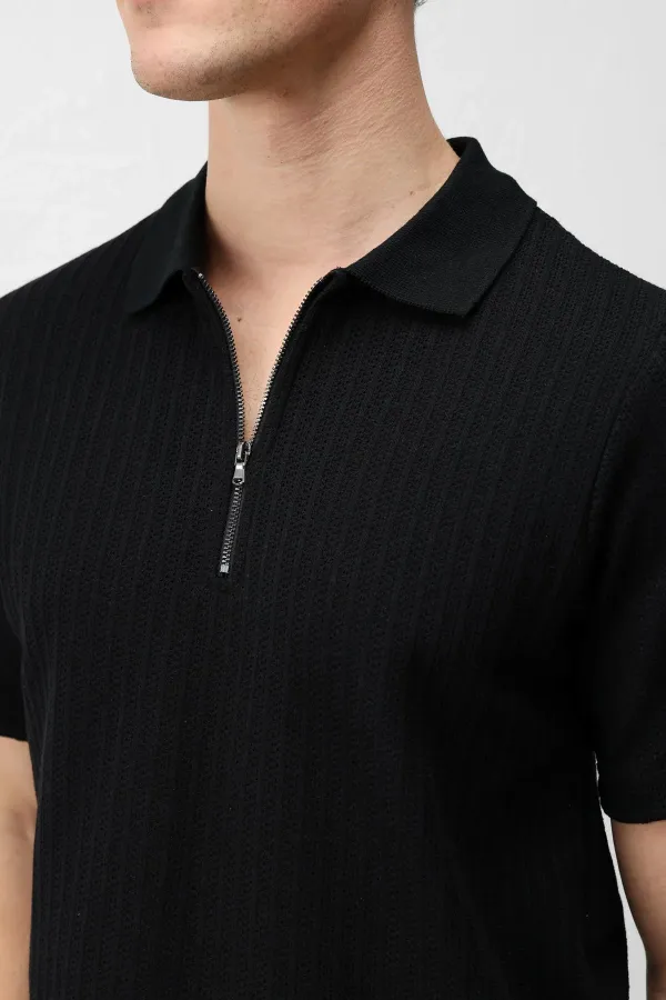 Antioch Siyah Dokulu Örme Polo Yaka Erkek T-Shirt