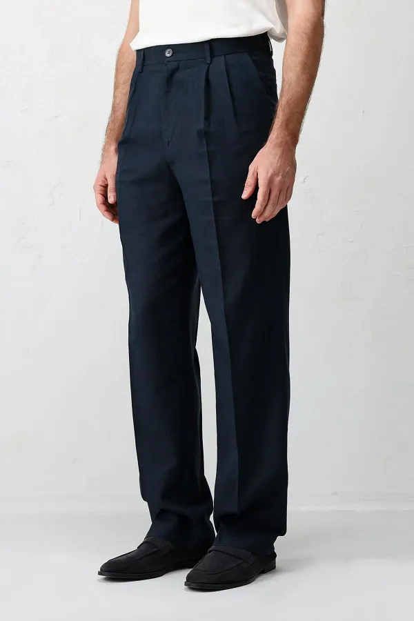 Antioch Lacivert Keten Karışımlı Erkek Baggy Pantolon