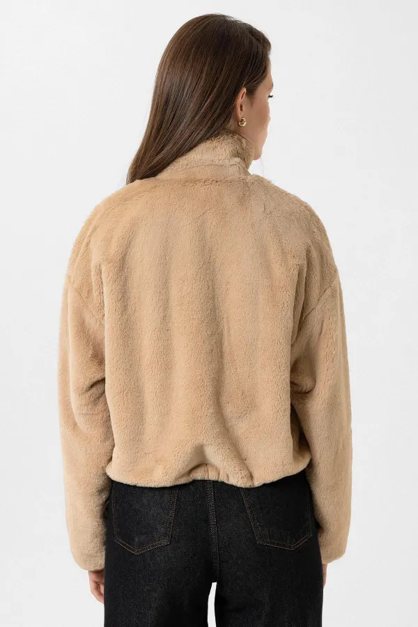 Antioch Beige Women's Faux Fur Coat with Elastic Waistband