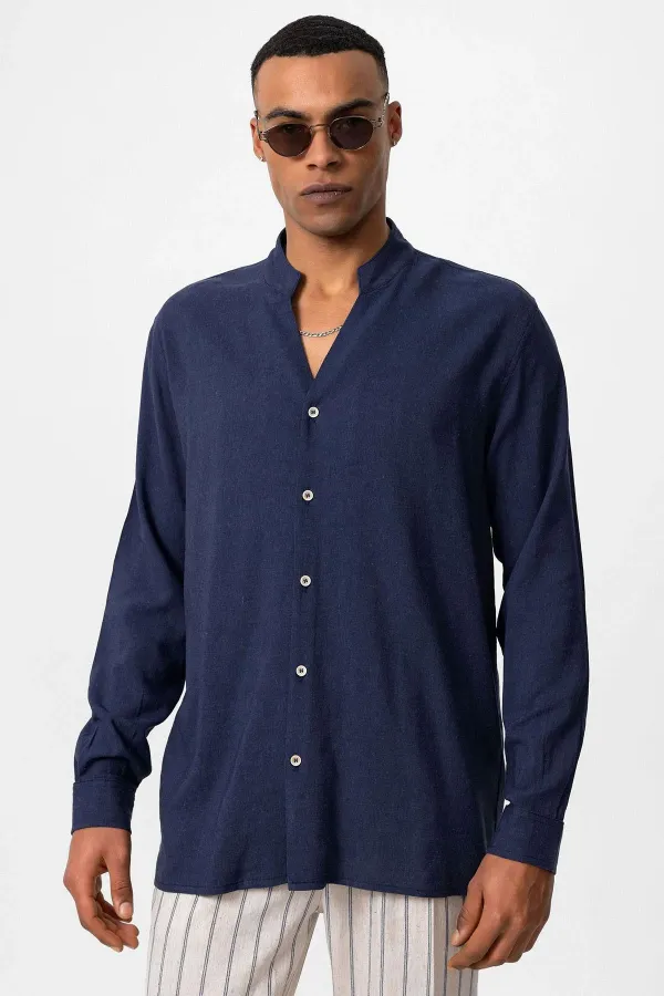 Antioch Navy Blue Mandarin Collar Long-Sleeved Men's Shirt