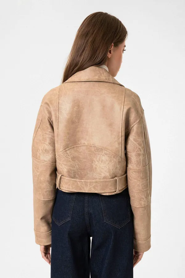 Antioch Bej Kadın Suni Deri Crop Biker Ceket