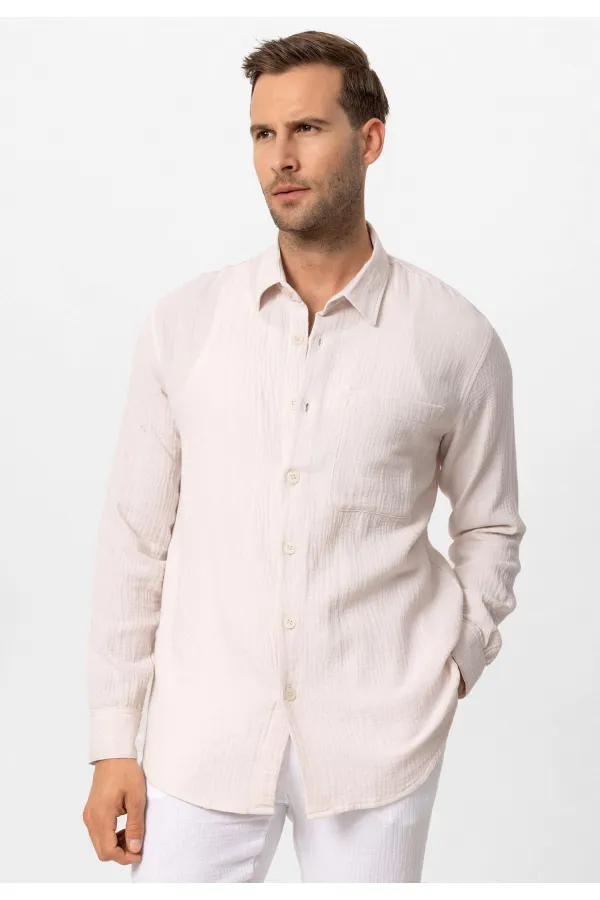 Antioch Ecru Muslin Fabric Long-Sleeve Men's Shirt