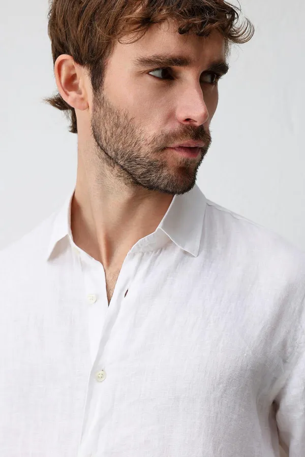 Antioch Beyaz 100% Keten Relax Fit Erkek Gömlek
