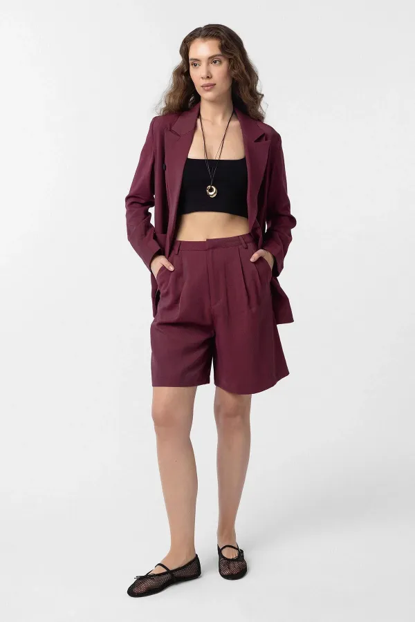 Antioch Bordo Pilili Kadın Bermuda Şort