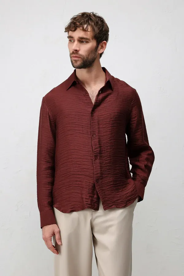 Antioch Bordo Crinkled Relax Fit Erkek Gömlek