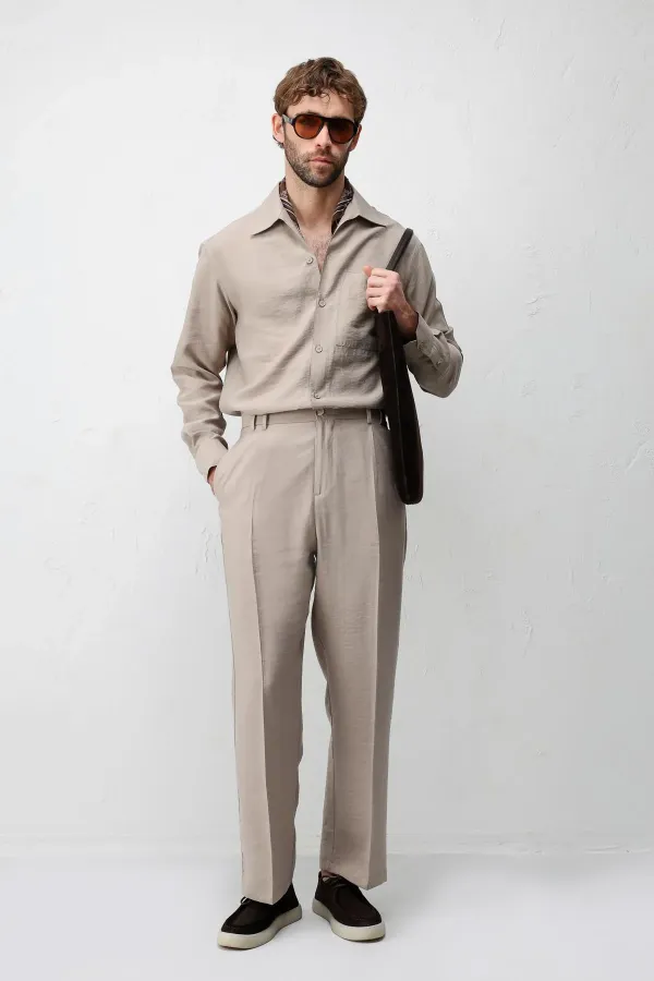 Pantalon homme Antioch Beige Lyocell coupe décontractée plissé