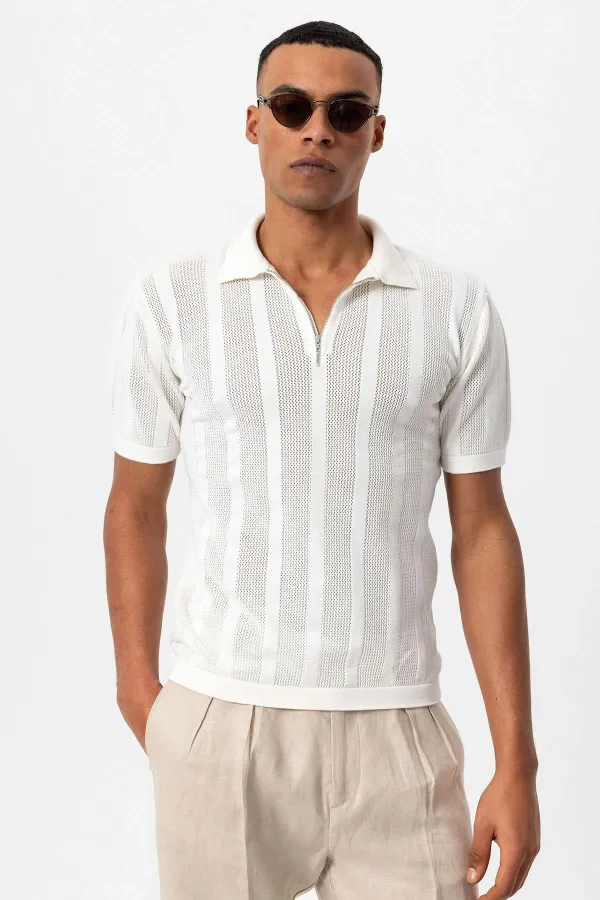 Polo blanc Antioch à col zippé pour homme