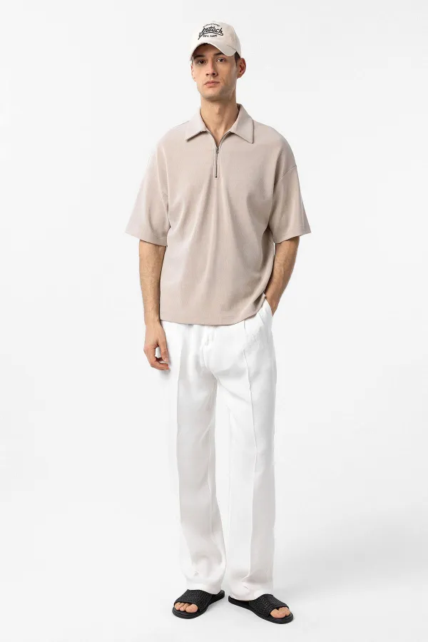 Antioch Bej Relax Fit Fermuarlı Polo Yaka Erkek T-Shirt