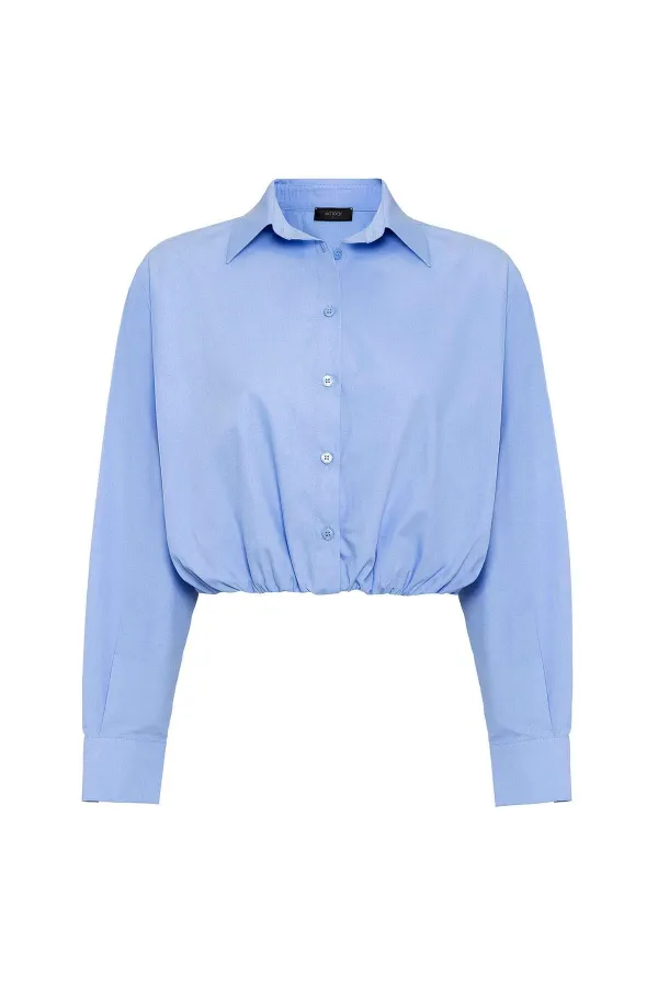 Antioch Bebe Mavi Crop Poplin Kadın Gömlek