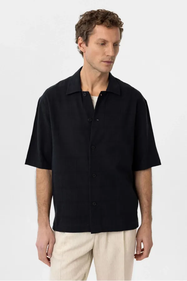 Antioch Black Textured Jacquard Cotton Men's Short-Sleeve Shirt