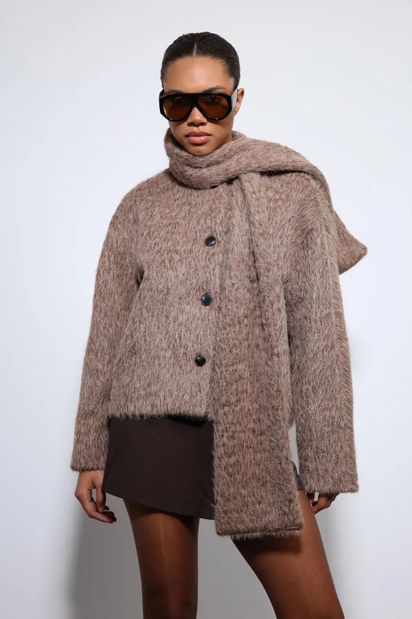 Antioch Kahve Atkı Yaka Suni Kürklü Kaban