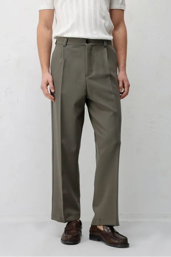 Antioch Dark Khaki Relax Fit Baggy Pleated Men's Trousers