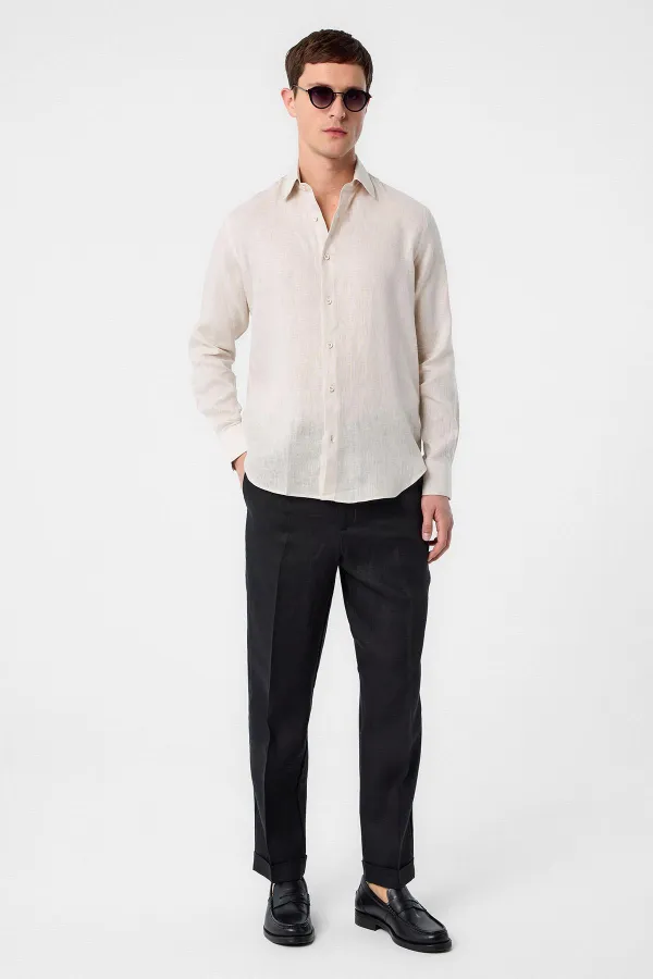 Antioch Bej 100% Keten Comfort Fit Erkek Gömlek