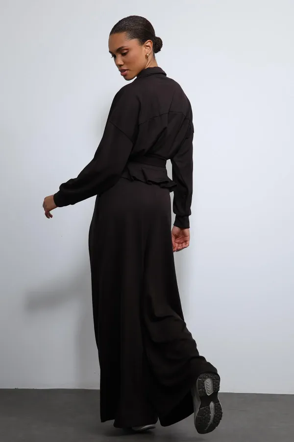 Antioch Acı Kahve Bel Kemerli Geniş Paça Pantolonlu Takım