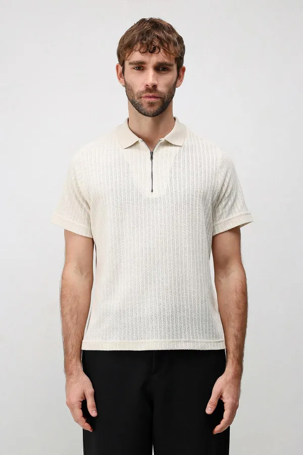 T-shirt polo homme Antioch blanc cassé en maille texturée