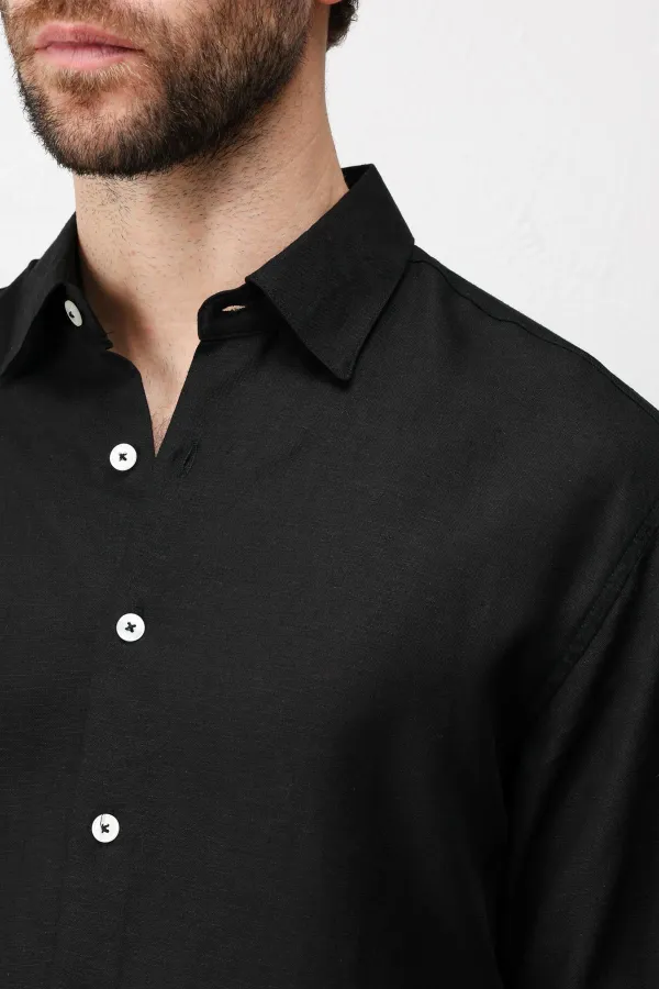 Chemise homme Antioch en lin mélangé noir, coupe décontractée