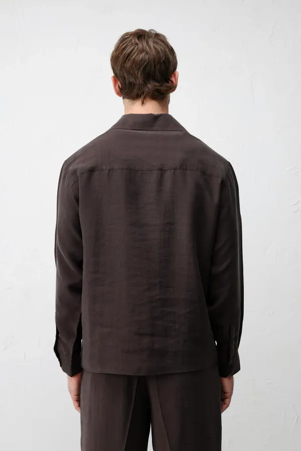 Chemise homme Antioch marron foncé en mélange de lyocell à col large