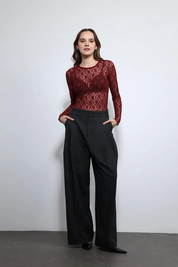 Antioch Bordo Dantel Detaylı Transparan Bluz