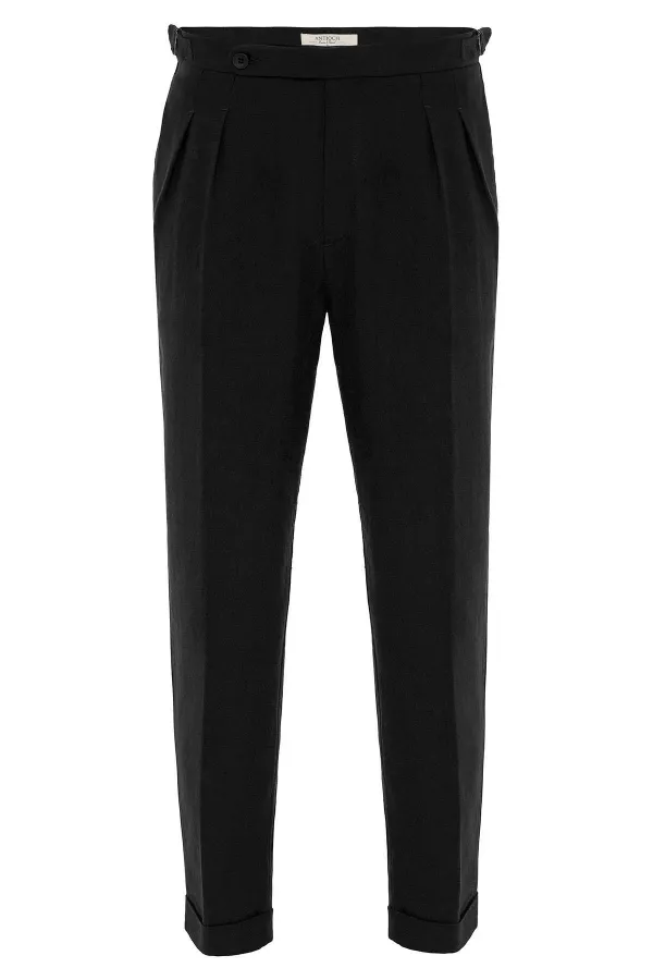 Pantalon homme Antioch noir taille haute en lin mélangé à double ourlet