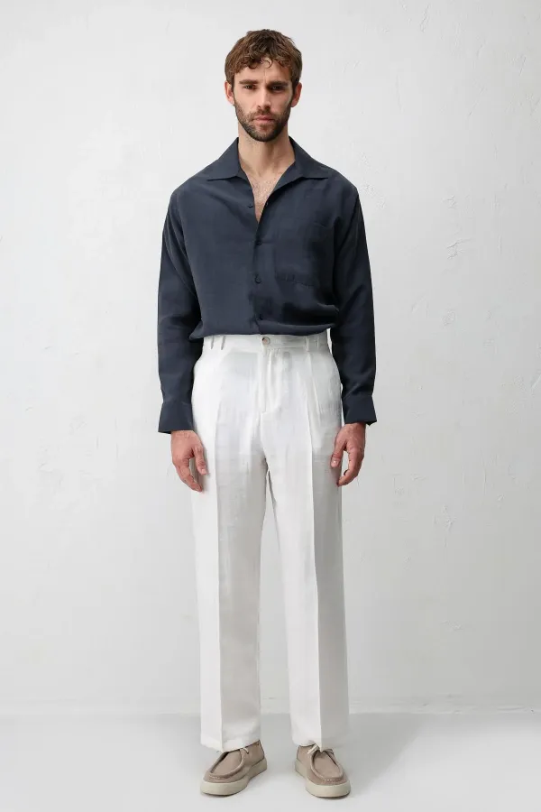 Chemise homme Antioch bleu marine en mélange lyocell à col large